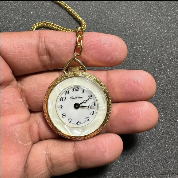 Lucerne Gold Tone Mother Of Pearl Mechanical Wind Up Pocket Watch Not Working - Picture 1 of 10
